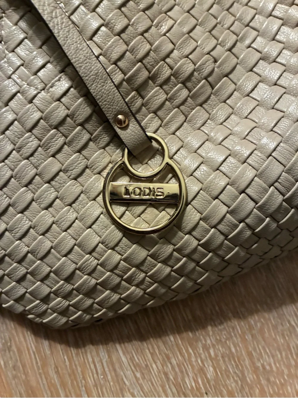 Lodis Woven Leather Shoulder Bag Taupe Gold Hardware
